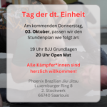 Das Foto zeigt den Infotext, der zum Feiertag neben dem üblichen Training eine Open Mat zur zweiten Stunde ankündigt.