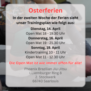 Das Foto zeigt als Infografik die anstehenden Open Mats und Kindertraining, was auch im Text des Artikels beschrieben ist.